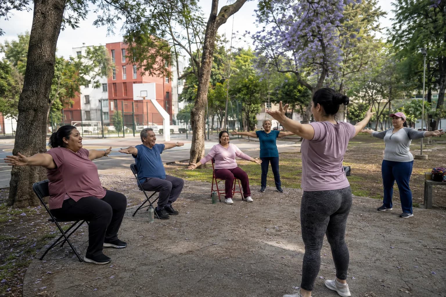 Grupo de personas haciendo movimiento con los brazos abiertos en un parque de México