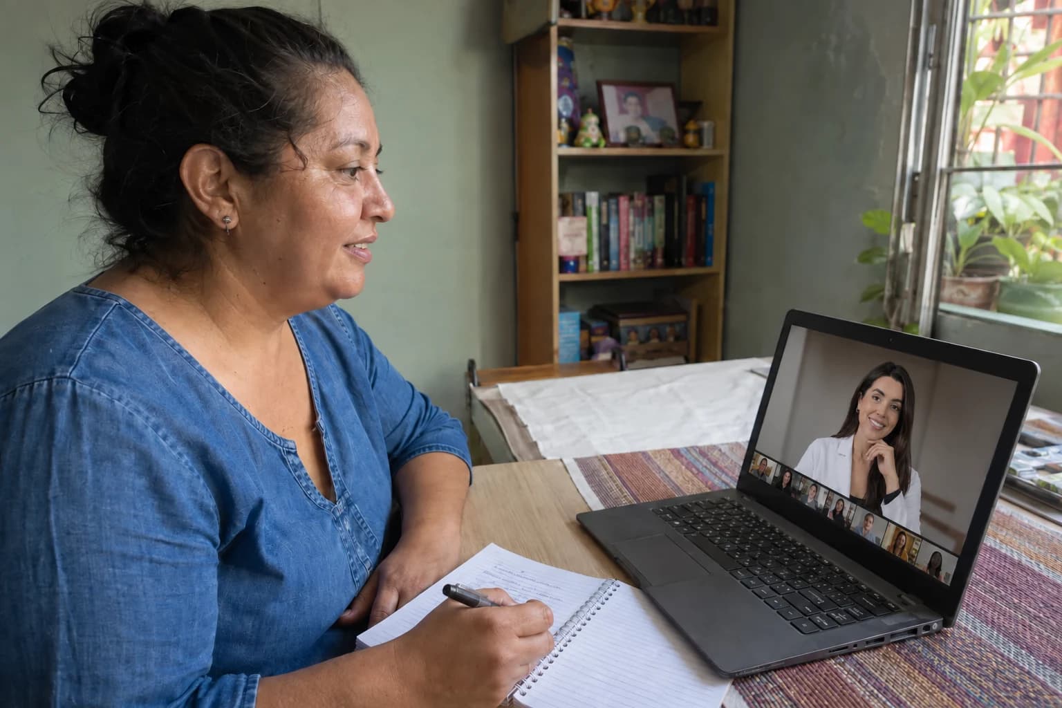 Mujer tomando notas durante una clase en línea con Fernanda Torres Leal en su computadora